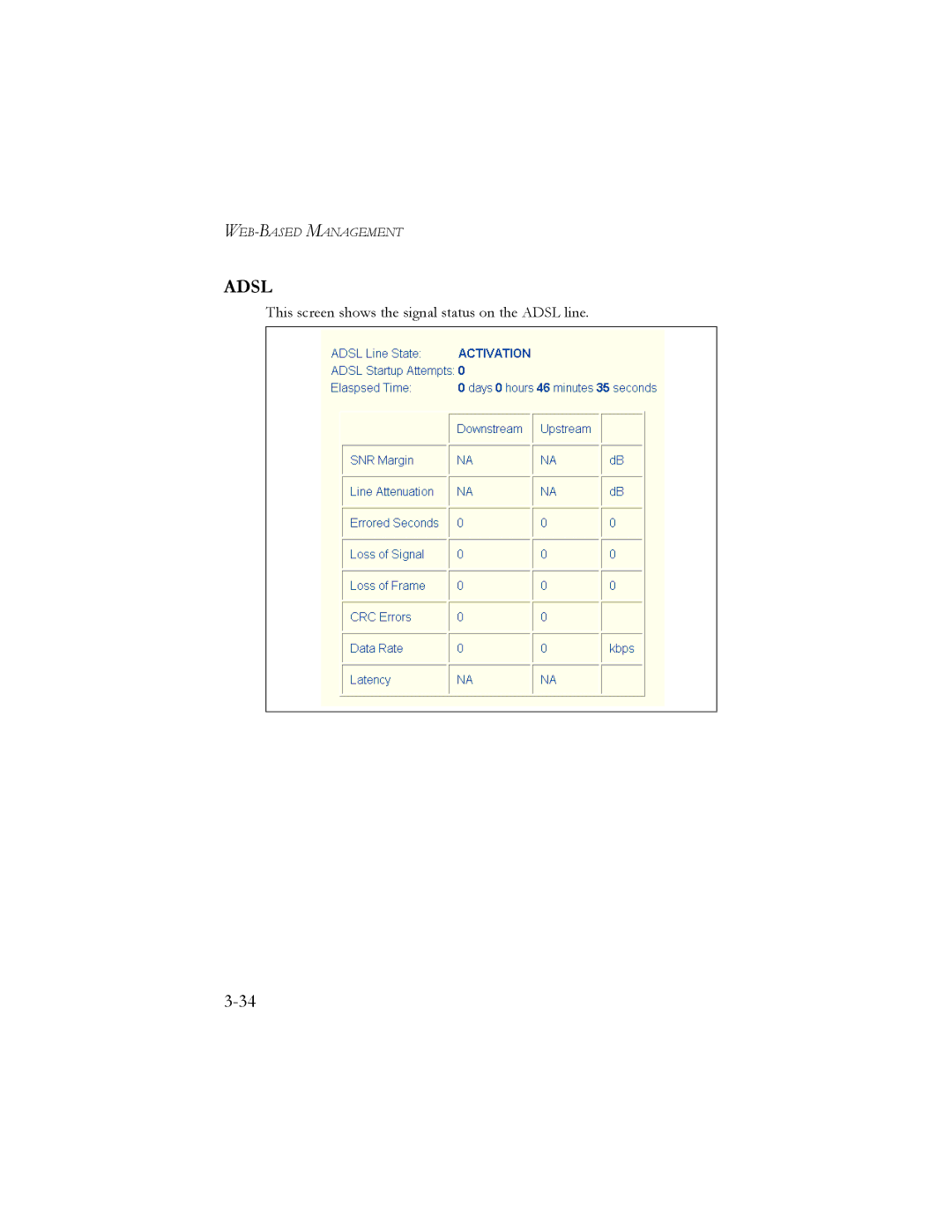 SMC Networks SMC7401BRA manual This screen shows the signal status on the Adsl line 