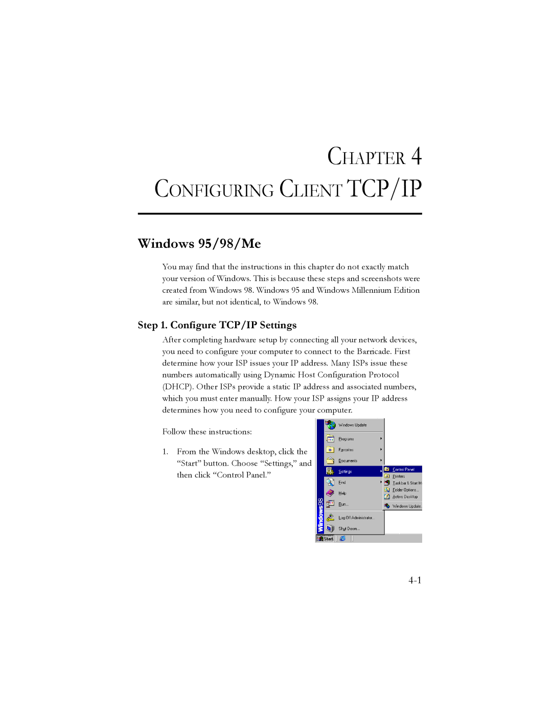 SMC Networks SMC7401BRA manual Windows 95/98/Me, Configure TCP/IP Settings 