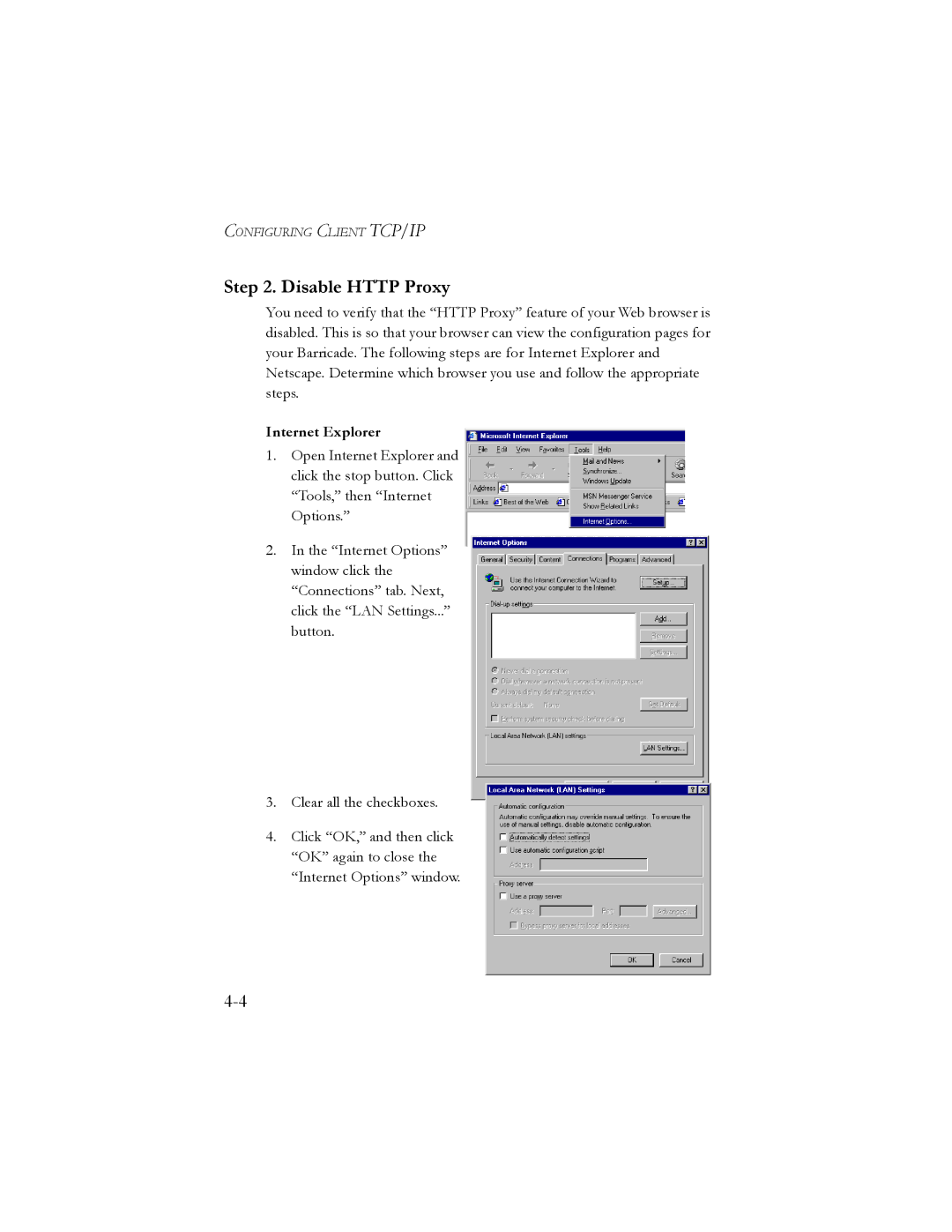 SMC Networks SMC7401BRA manual Disable Http Proxy, Internet Explorer 