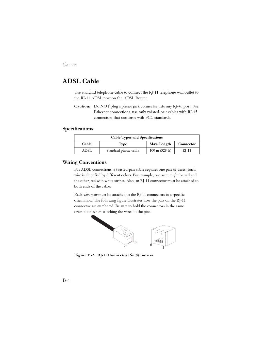 SMC Networks SMC7401BRA manual Adsl Cable, Figure B-2. RJ-11 Connector Pin Numbers 