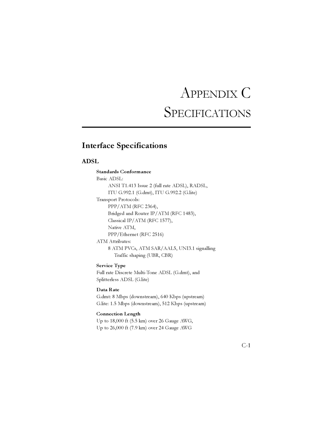 SMC Networks SMC7401BRA manual Interface Specifications, Standards Conformance, Service Type, Data Rate, Connection Length 