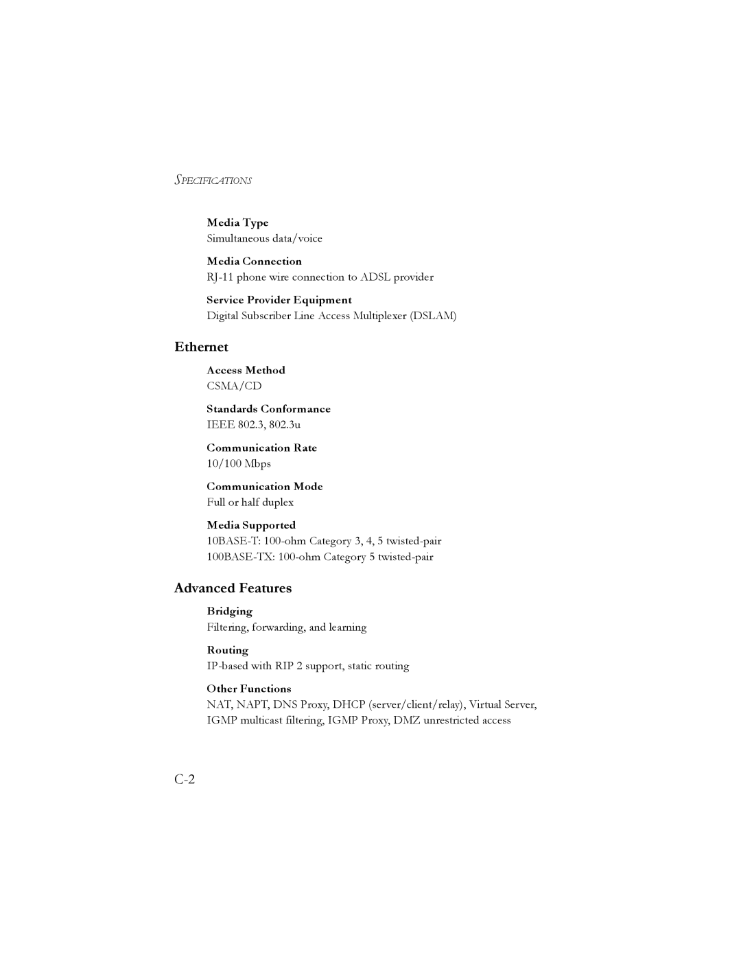 SMC Networks SMC7401BRA manual Ethernet, Advanced Features 