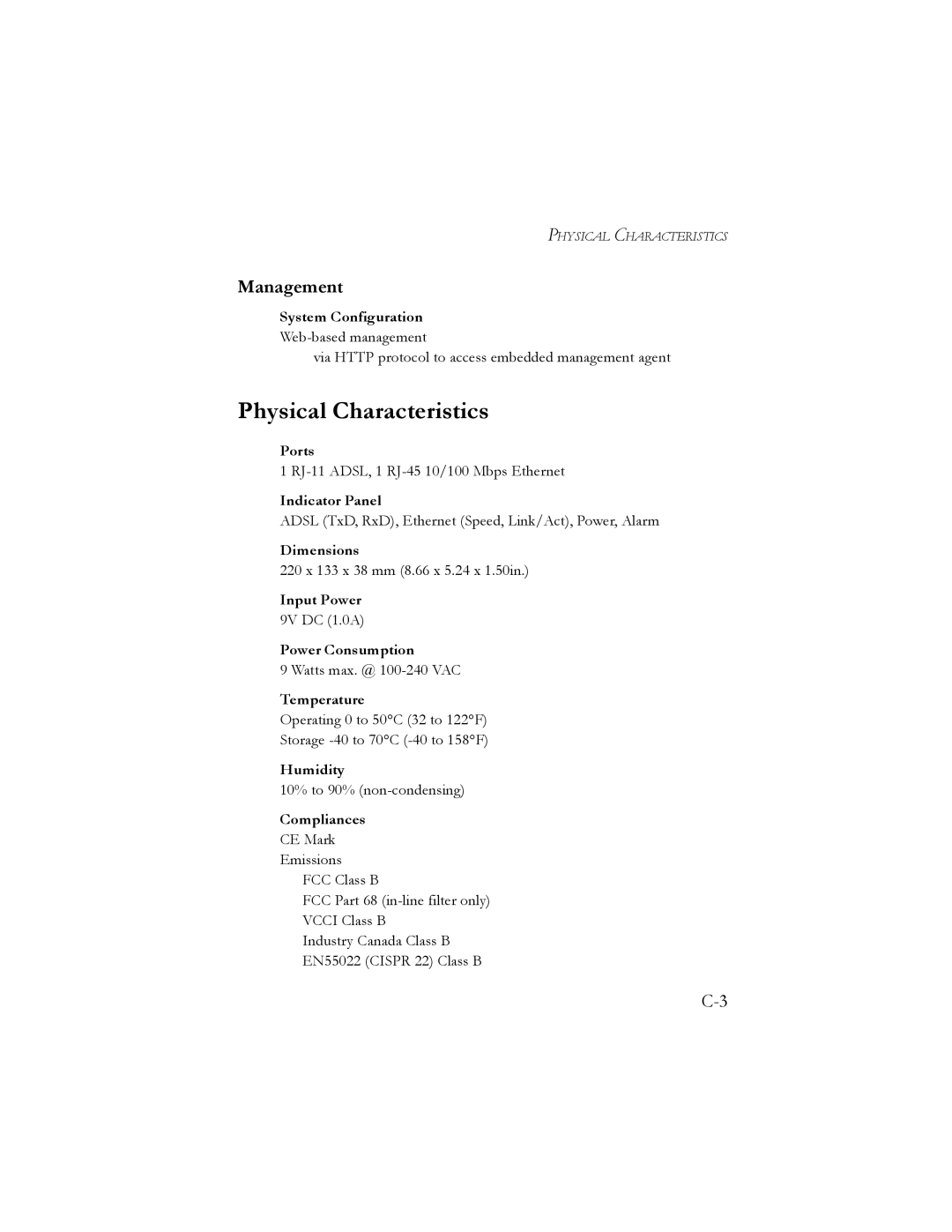 SMC Networks SMC7401BRA manual Physical Characteristics, Management 