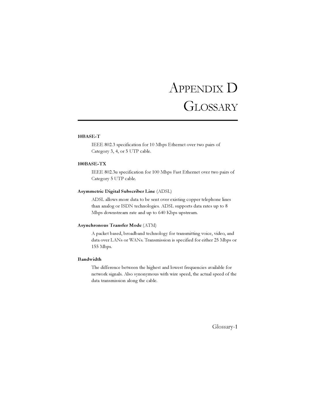 SMC Networks SMC7401BRA manual Glossary-1, Asymmetric Digital Subscriber Line Adsl, Bandwidth 