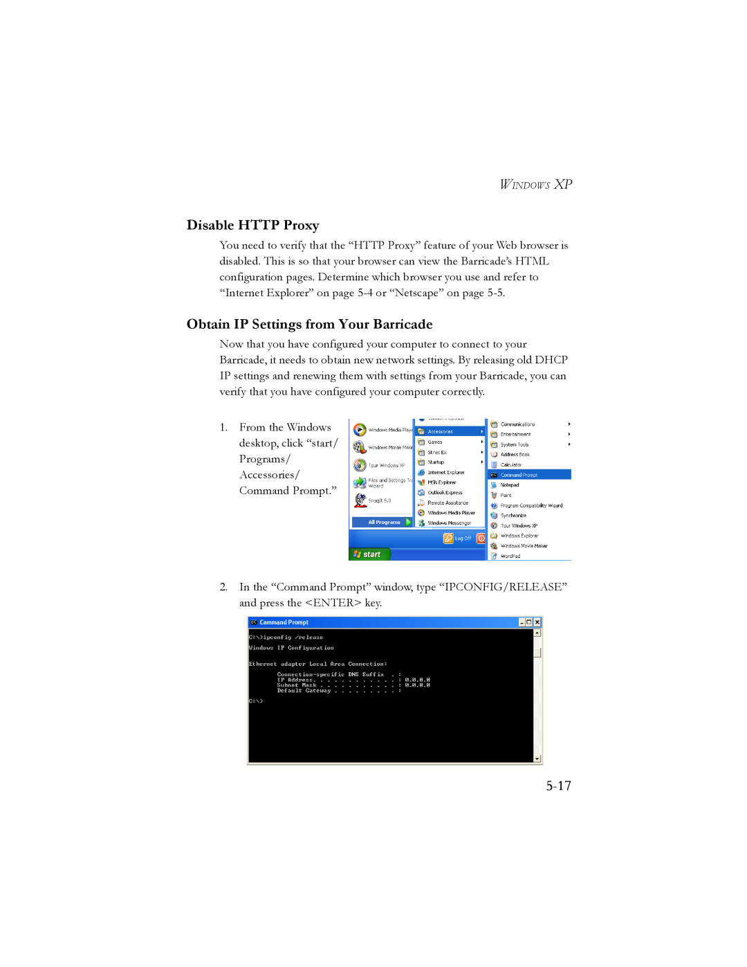 SMC Networks SMC7404BRA EU manual Disable HTTP Proxy, Obtain IP Settings from Your Barricade, 5-17, Windows Xp 