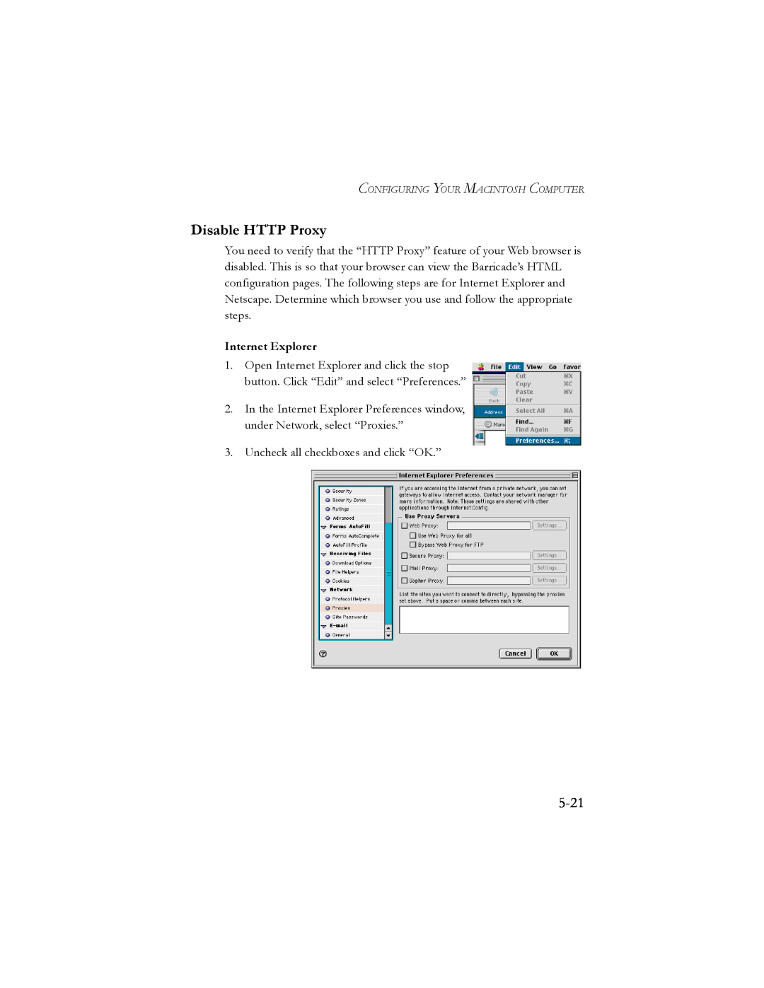 SMC Networks SMC7404BRA EU manual Disable HTTP Proxy, 5-21, Internet Explorer 