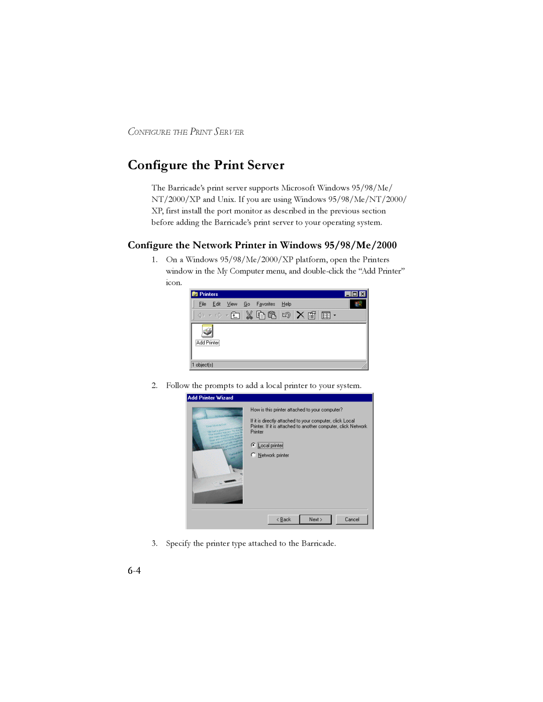 SMC Networks SMC7404BRA EU manual Configure the Print Server, Configure the Network Printer in Windows 95/98/Me/2000 