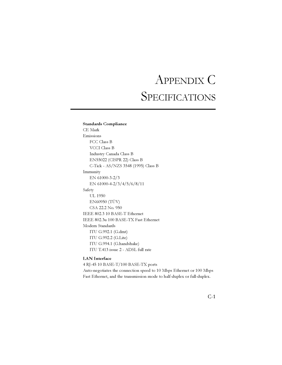 SMC Networks SMC7404BRA EU manual Appendix C Specifications 