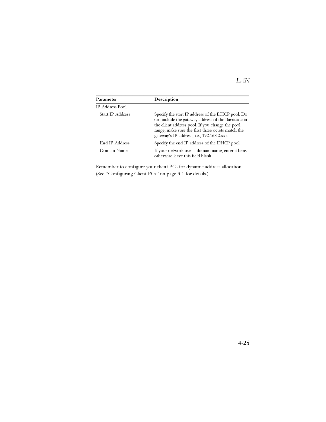 SMC Networks SMC7404BRA EU manual 4-25, Parameter, Description 