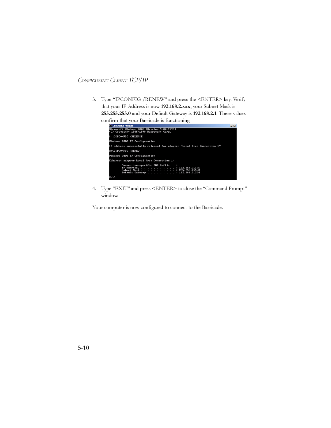 SMC Networks SMC7404BRA EU manual 5-10, Type “EXIT” and press ENTER to close the “Command Prompt” window 