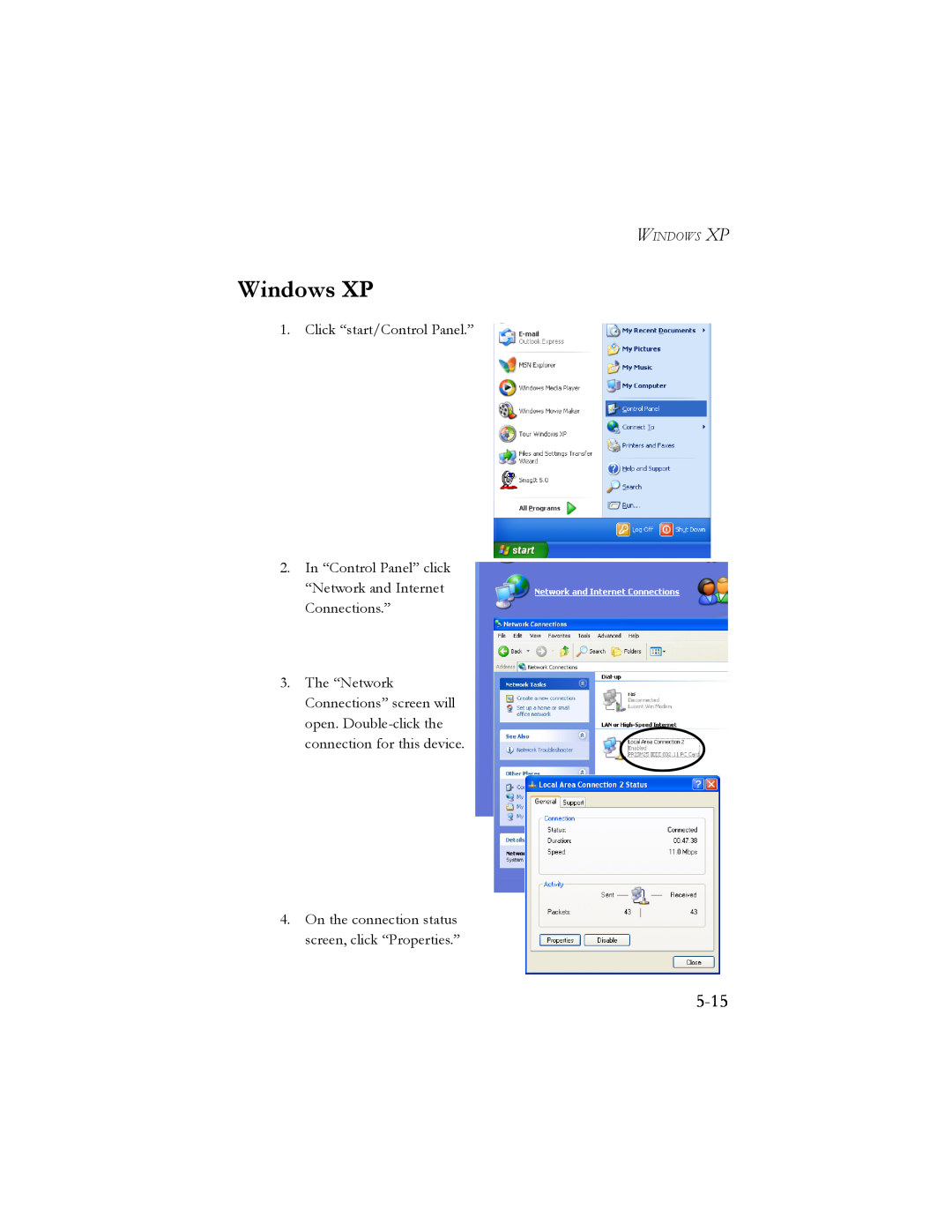 SMC Networks SMC7404BRA EU manual Windows XP, 5-15, Click “start/Control Panel.”, connection for this device, Windows Xp 