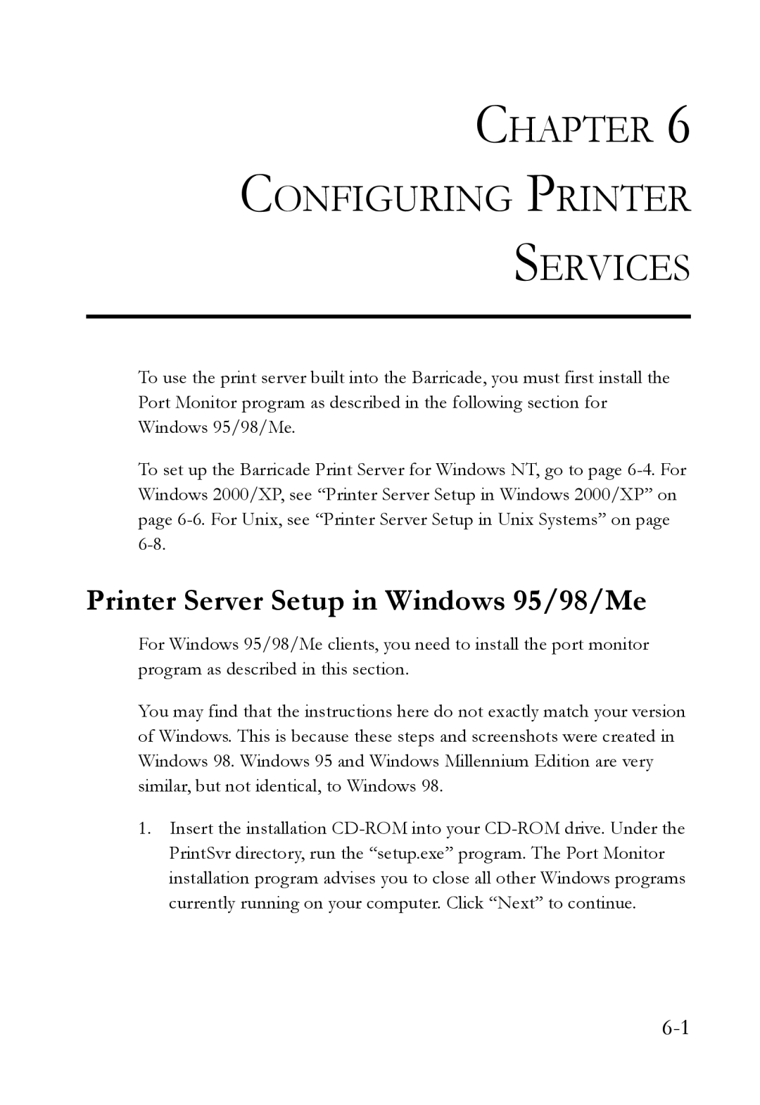 SMC Networks SMC7404WBRA manual Chapter Configuring Printer Services, Printer Server Setup in Windows 95/98/Me 