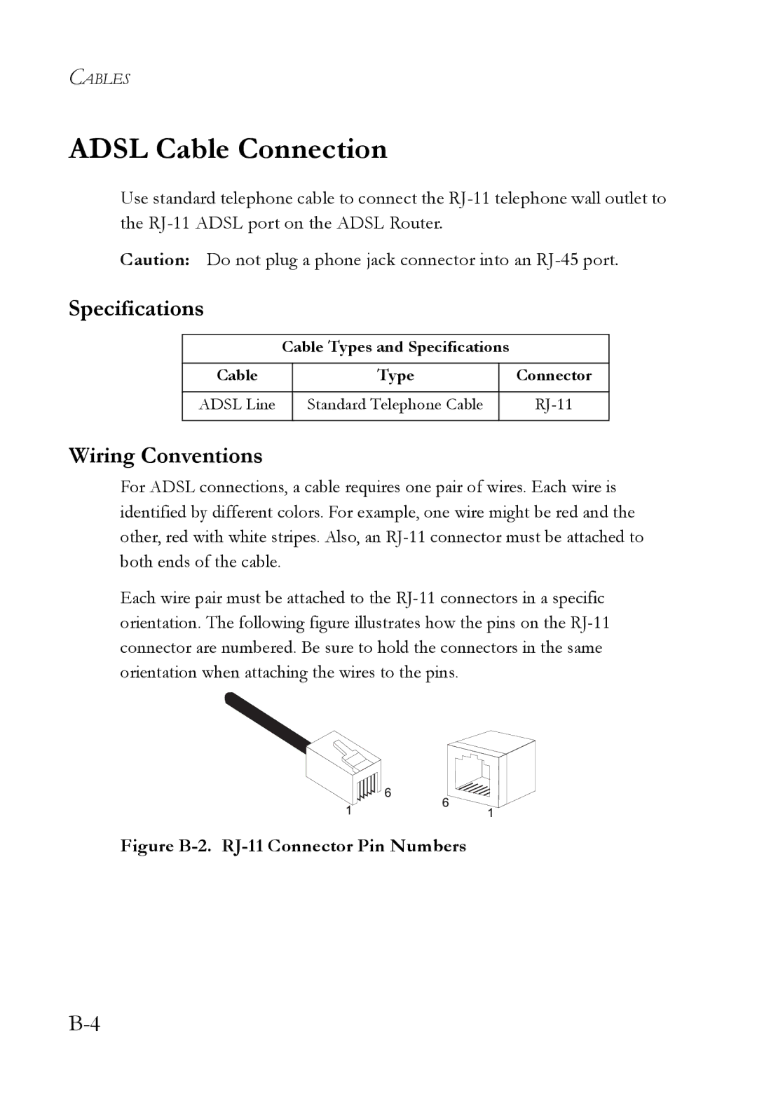 SMC Networks SMC7404WBRA manual Adsl Cable Connection, Figure B-2. RJ-11 Connector Pin Numbers 