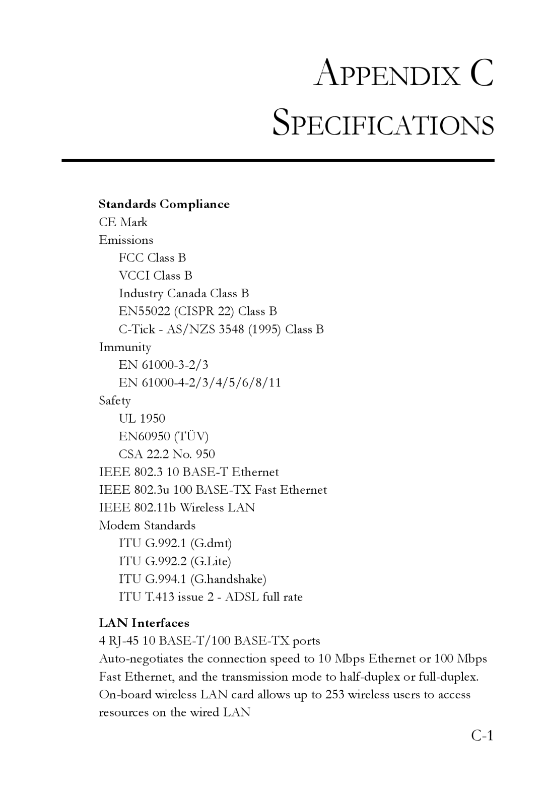 SMC Networks SMC7404WBRA manual Standards Compliance, LAN Interfaces 