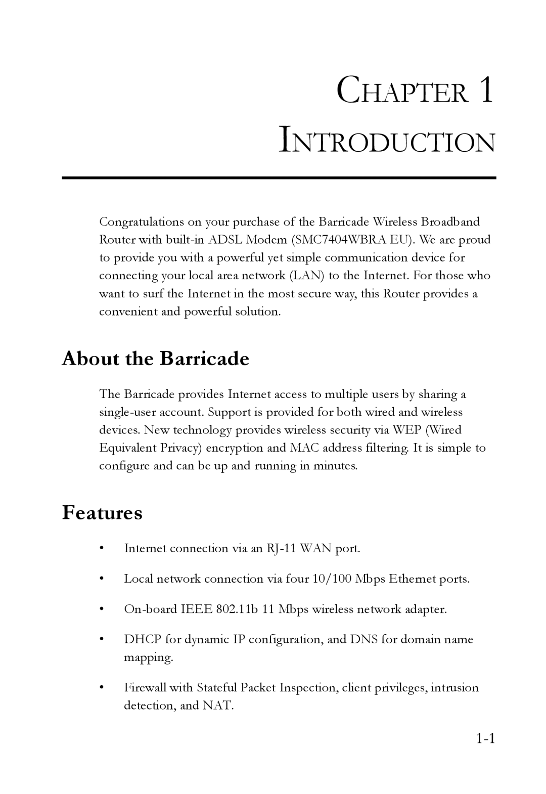 SMC Networks SMC7404WBRA manual About the Barricade, Features 