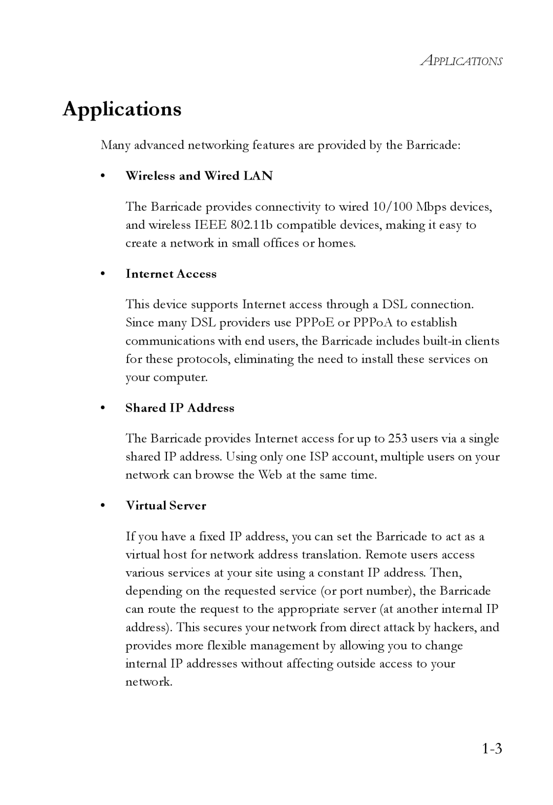 SMC Networks SMC7404WBRA manual Applications, Wireless and Wired LAN, Internet Access, Shared IP Address, Virtual Server 