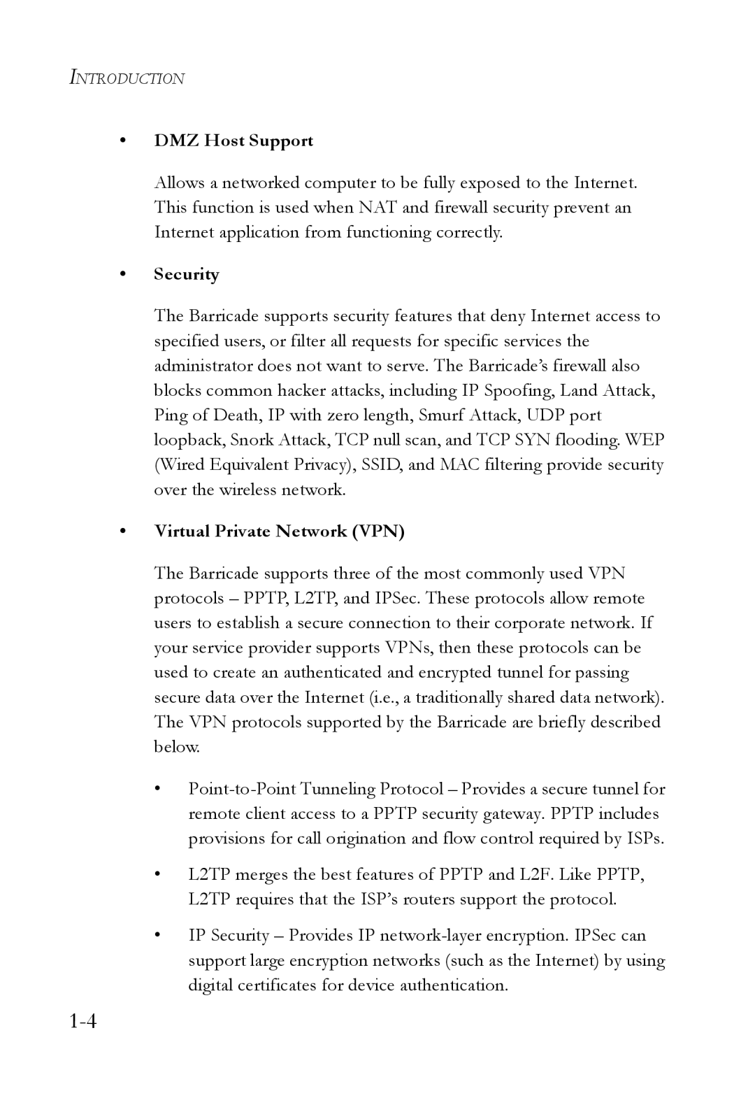 SMC Networks SMC7404WBRA manual DMZ Host Support, Security, Virtual Private Network VPN 