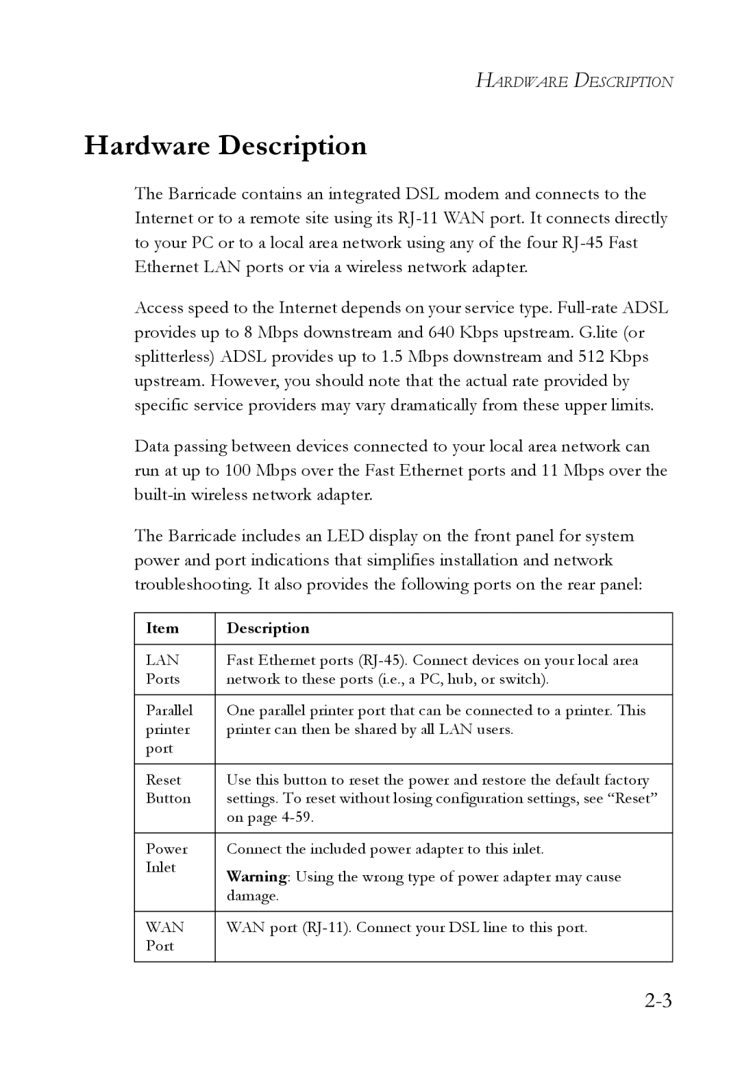 SMC Networks SMC7404WBRA manual Hardware Description 