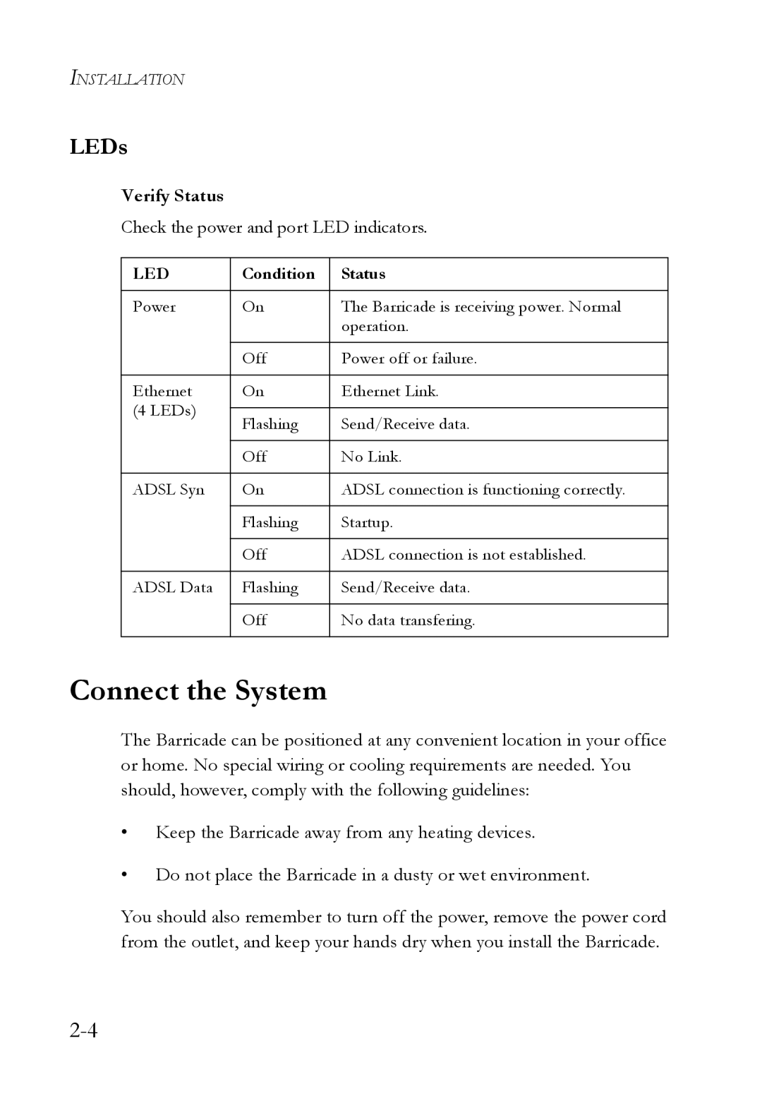 SMC Networks SMC7404WBRA manual Connect the System, LEDs, Verify Status 