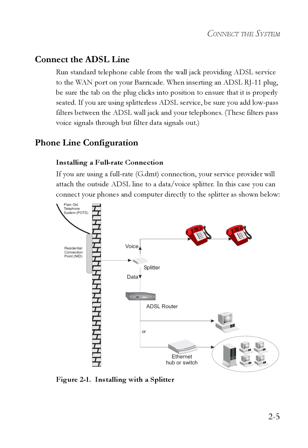 SMC Networks SMC7404WBRA manual Connect the Adsl Line, Phone Line Configuration, Installing a Full-rate Connection 