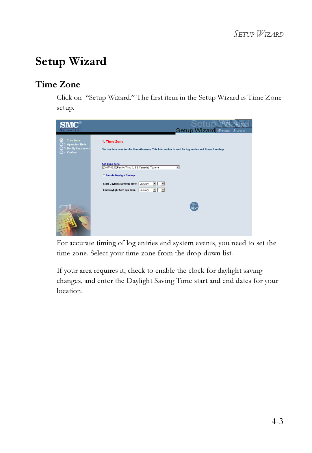 SMC Networks SMC7404WBRA manual Setup Wizard, Time Zone 