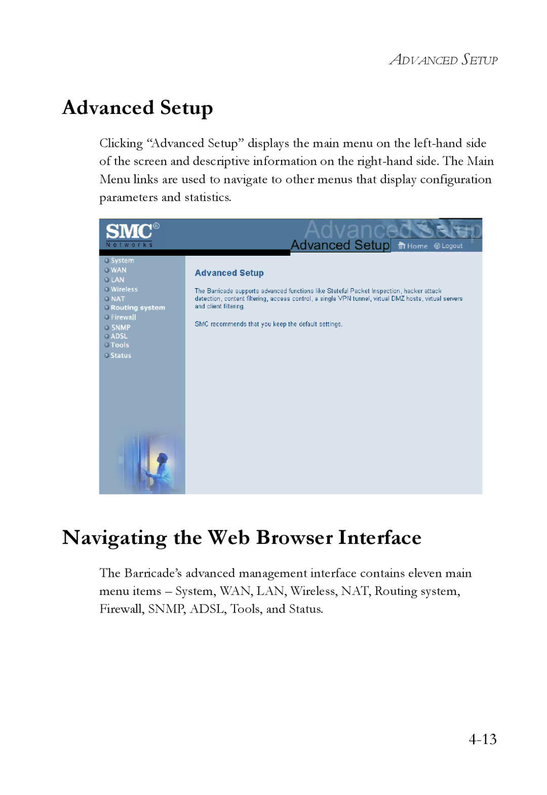 SMC Networks SMC7404WBRA manual Advanced Setup, Navigating the Web Browser Interface 