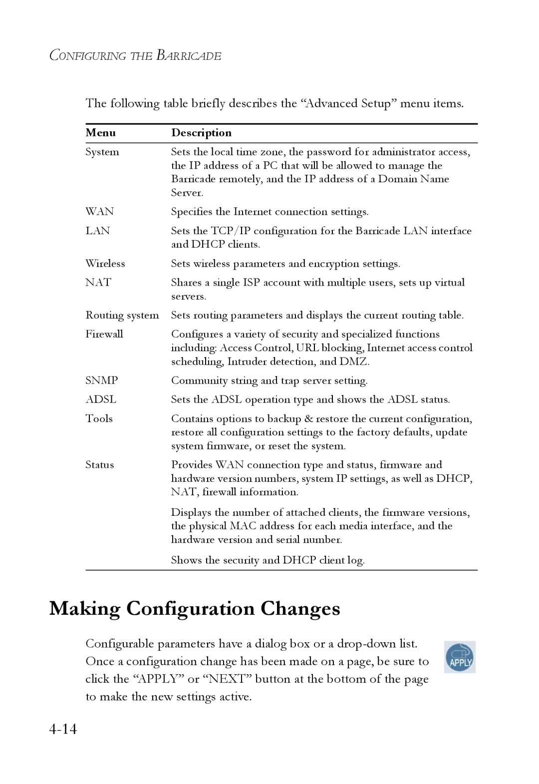 SMC Networks SMC7404WBRA manual Making Configuration Changes, Menu Description 