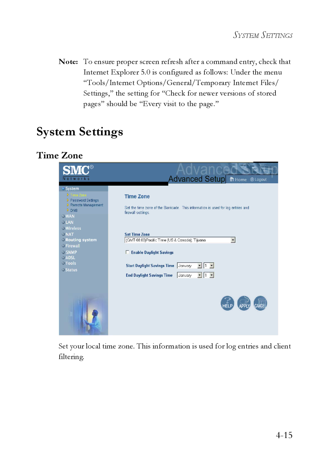 SMC Networks SMC7404WBRA manual System Settings, Time Zone 