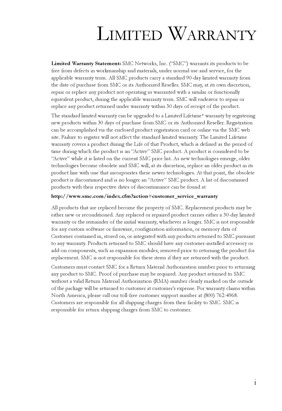 SMC Networks SMC7404WBRA manual Limited Warranty 