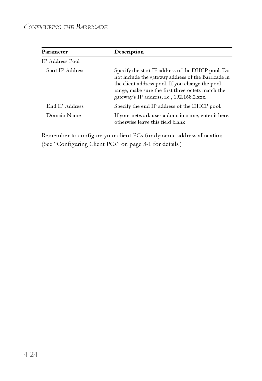 SMC Networks SMC7404WBRA manual Client address pool. If you change the pool 