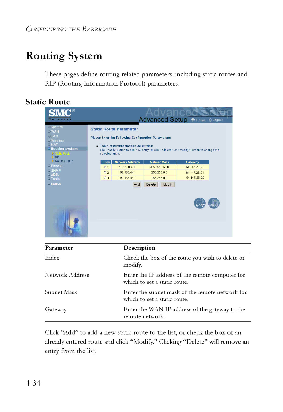 SMC Networks SMC7404WBRA manual Routing System, Static Route 