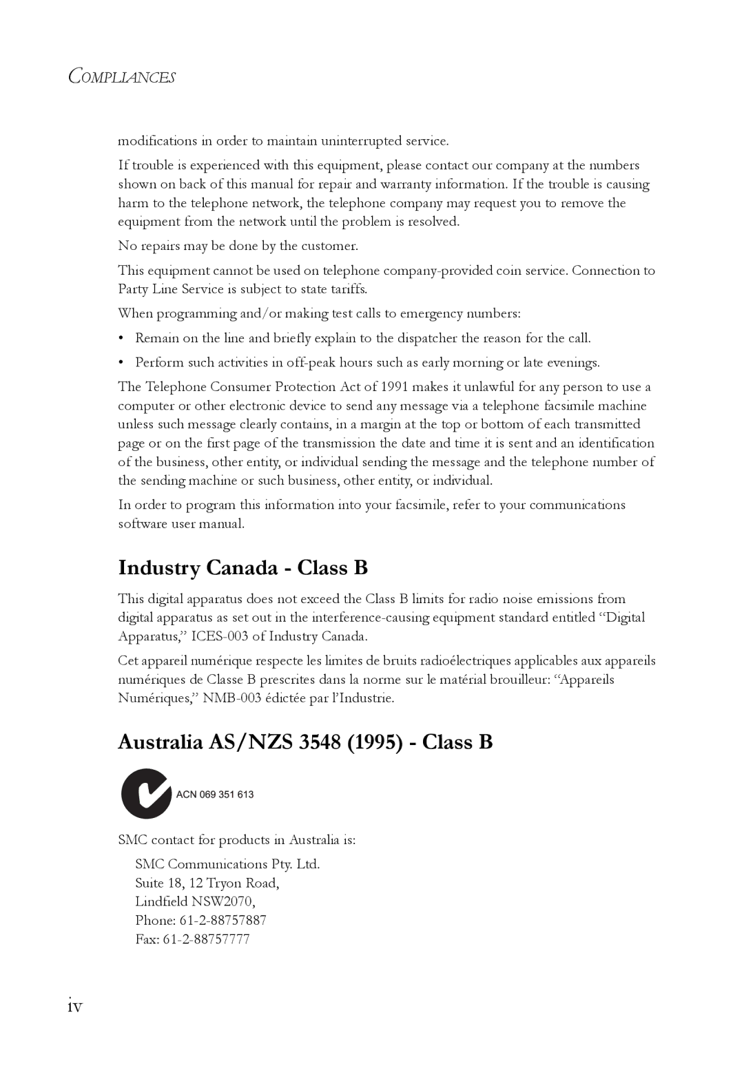 SMC Networks SMC7404WBRA manual Industry Canada Class B, Australia AS/NZS 3548 1995 Class B 