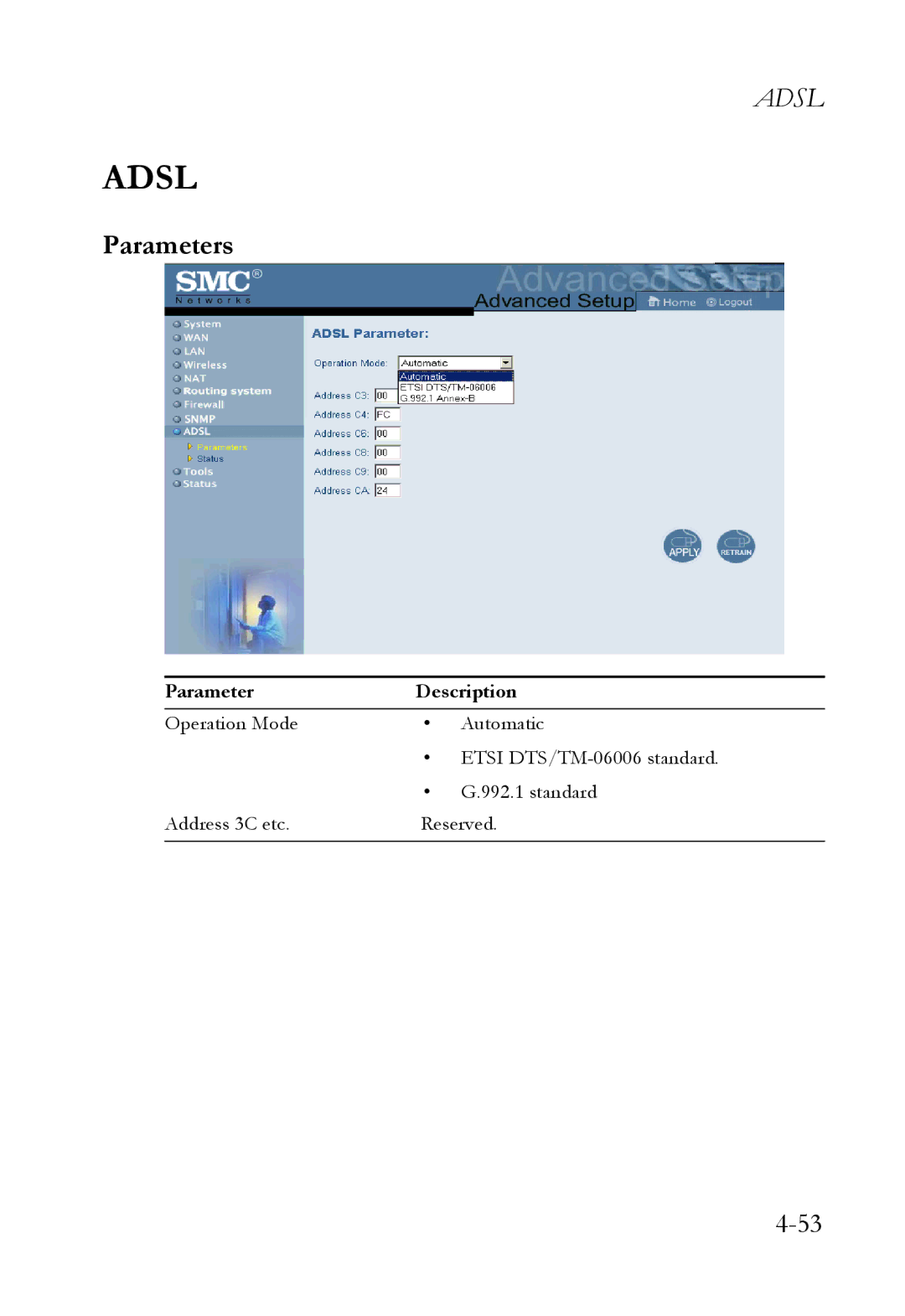 SMC Networks SMC7404WBRA manual Adsl, Parameters 