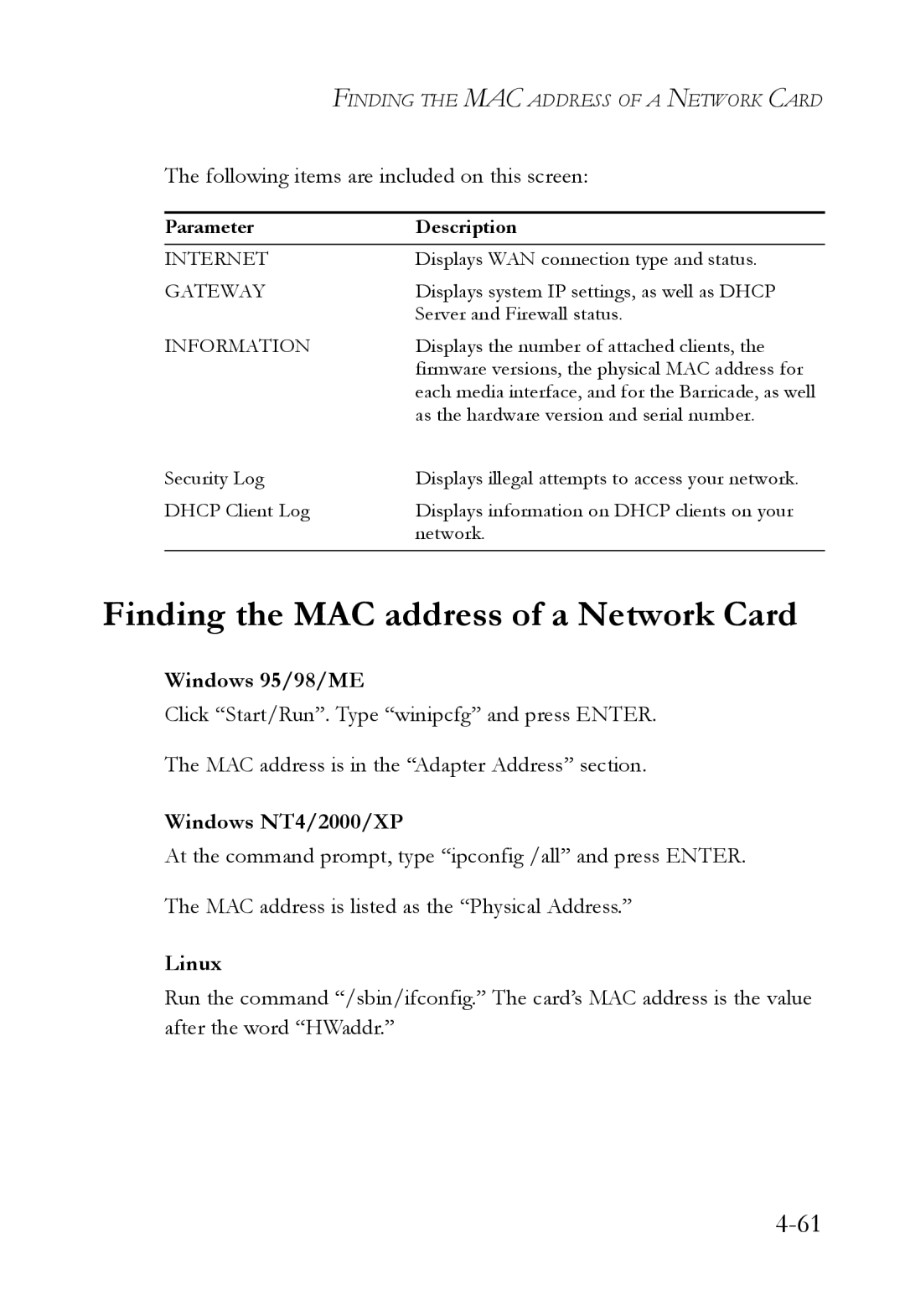 SMC Networks SMC7404WBRA manual Finding the MAC address of a Network Card, Windows 95/98/ME, Windows NT4/2000/XP, Linux 