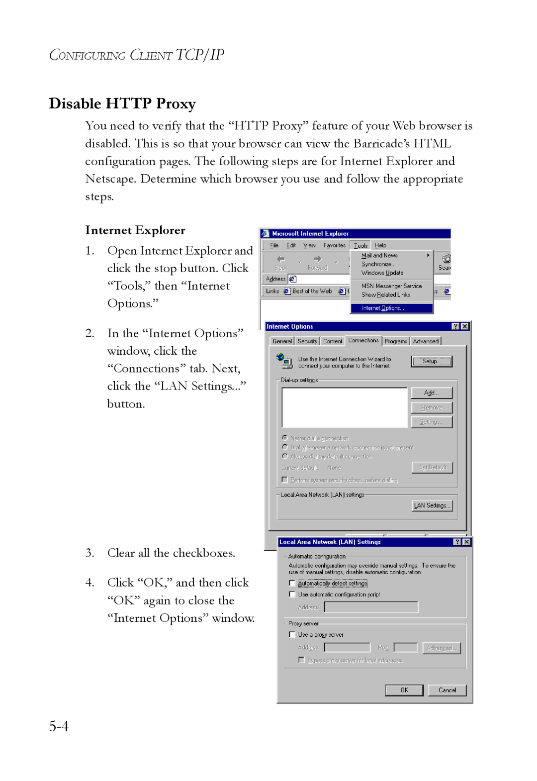 SMC Networks SMC7404WBRA manual Disable Http Proxy, Internet Explorer 