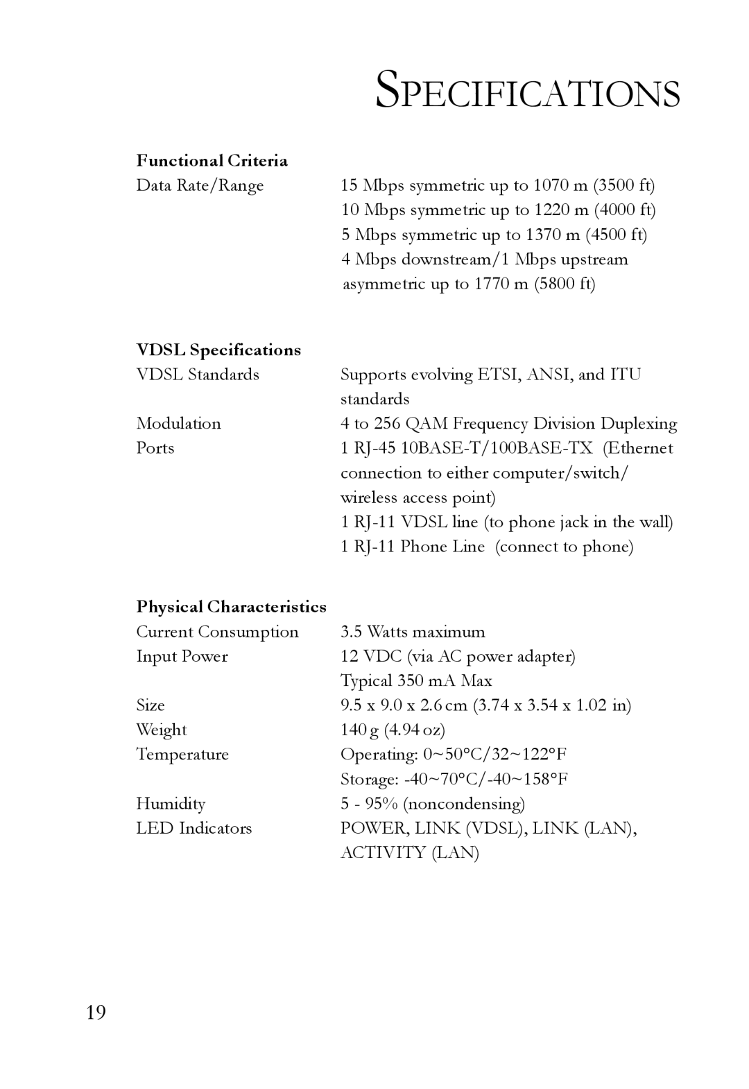 SMC Networks SMC7500A/VCP manual Functional Criteria, Vdsl Specifications, Physical Characteristics 