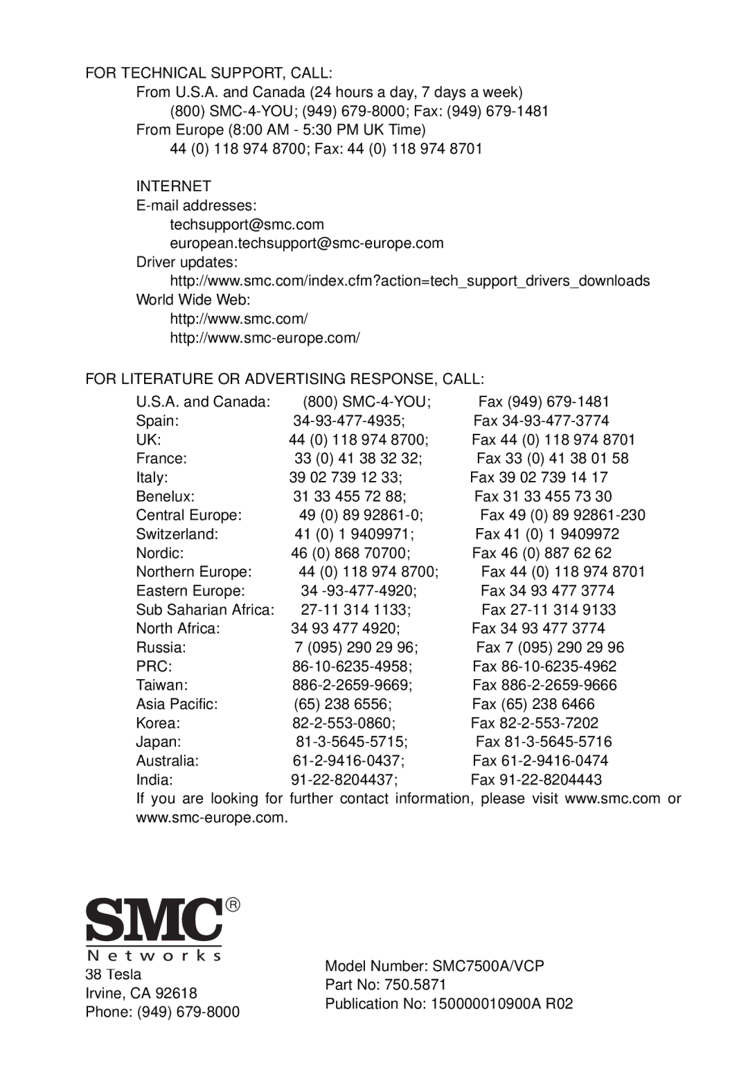 SMC Networks SMC7500A/VCP manual For Technical SUPPORT, Call 