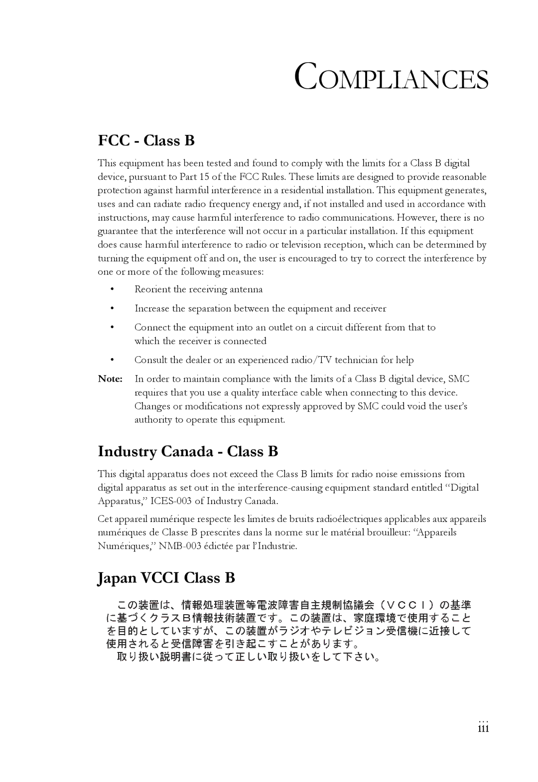 SMC Networks SMC7500A/VCP manual Compliances, FCC Class B 