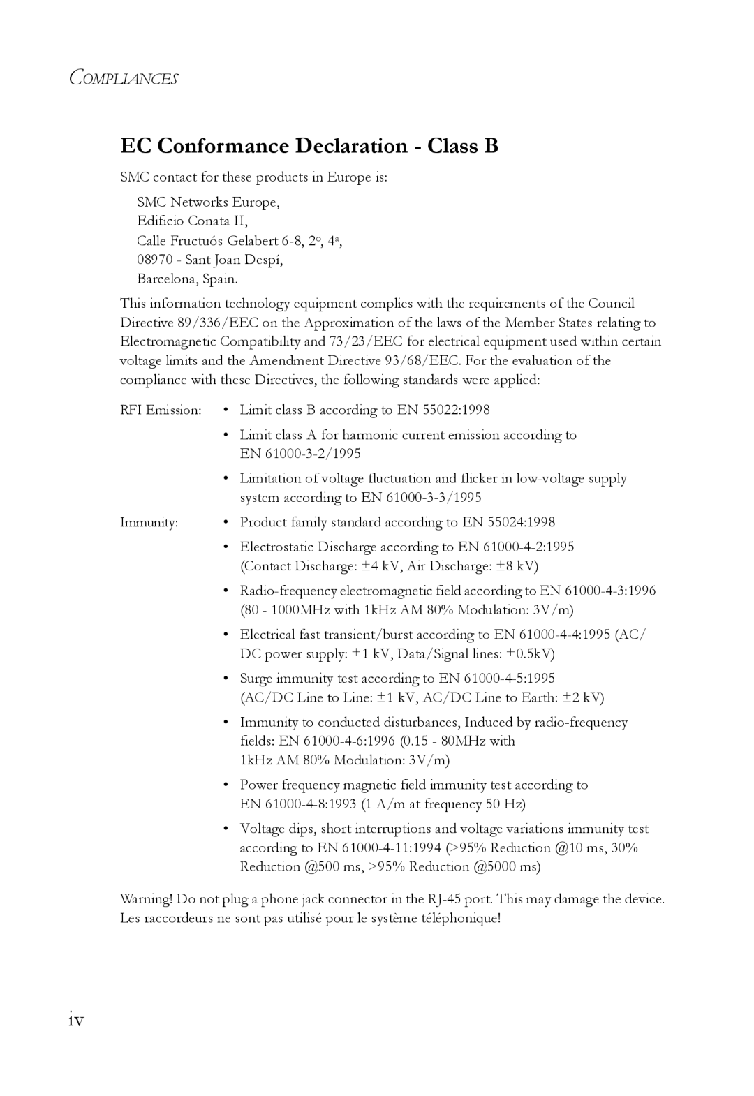 SMC Networks SMC7500A/VCP manual EC Conformance Declaration Class B 