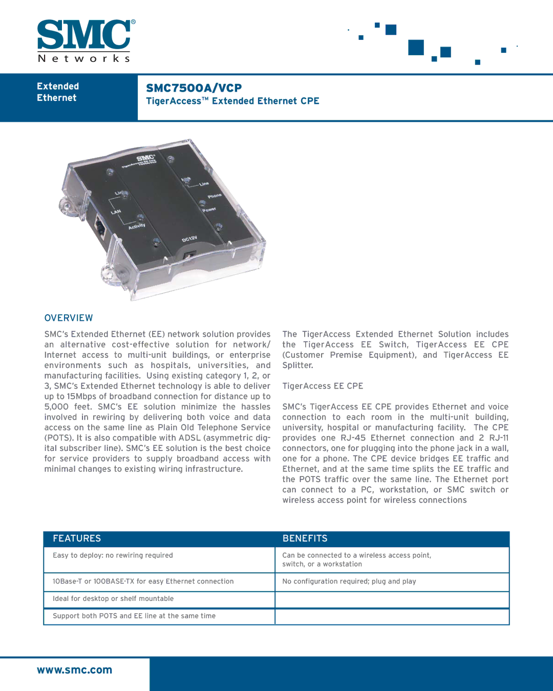 SMC Networks SMC7500VCP manual Extended, Ethernet 