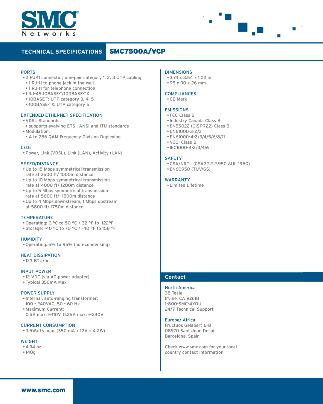 SMC Networks SMC7500VCP manual TECHNICAL SPECIFICATIONS SMC7500A/VCP, Contact 