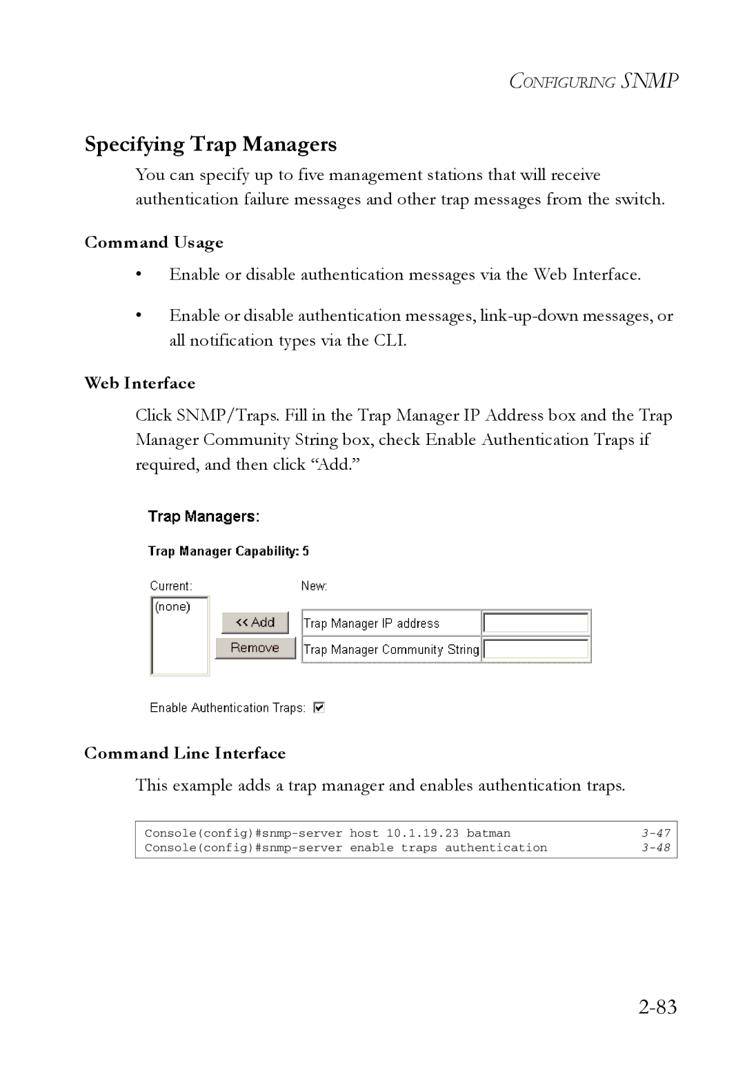 SMC Networks SMC7724M/VSW manual Specifying Trap Managers, Command Usage 