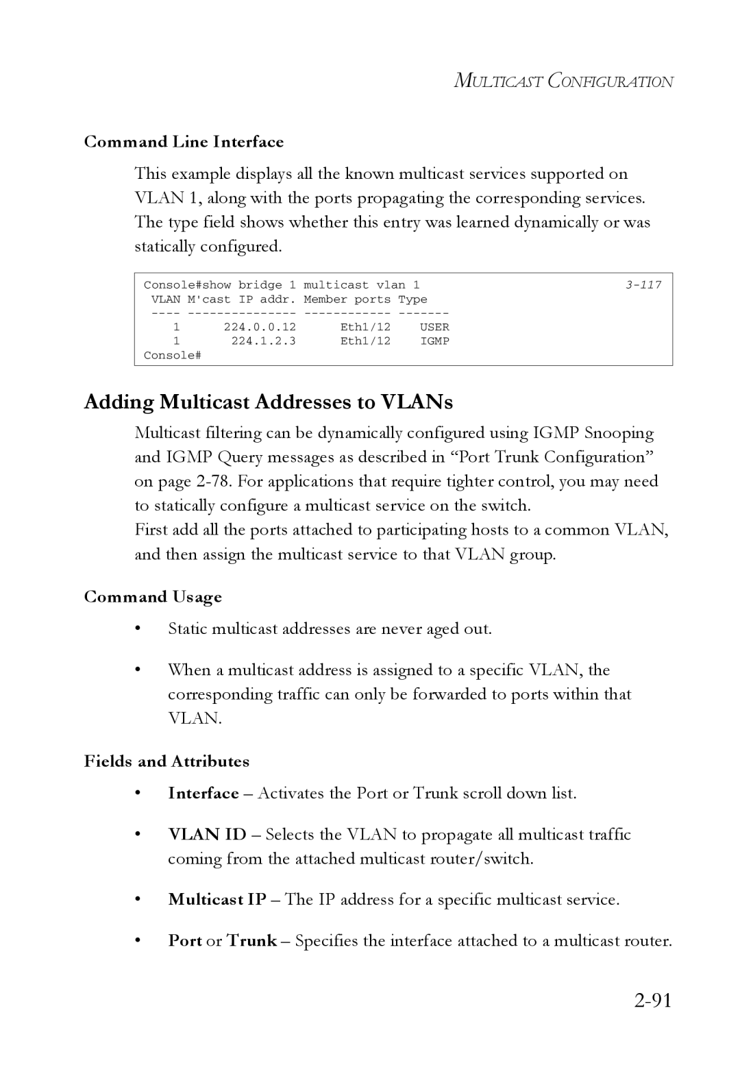 SMC Networks SMC7724M/VSW manual Adding Multicast Addresses to VLANs, Command Usage 