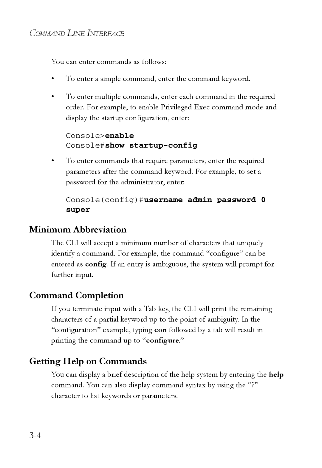 SMC Networks SMC7724M/VSW manual Minimum Abbreviation, Command Completion, Getting Help on Commands 