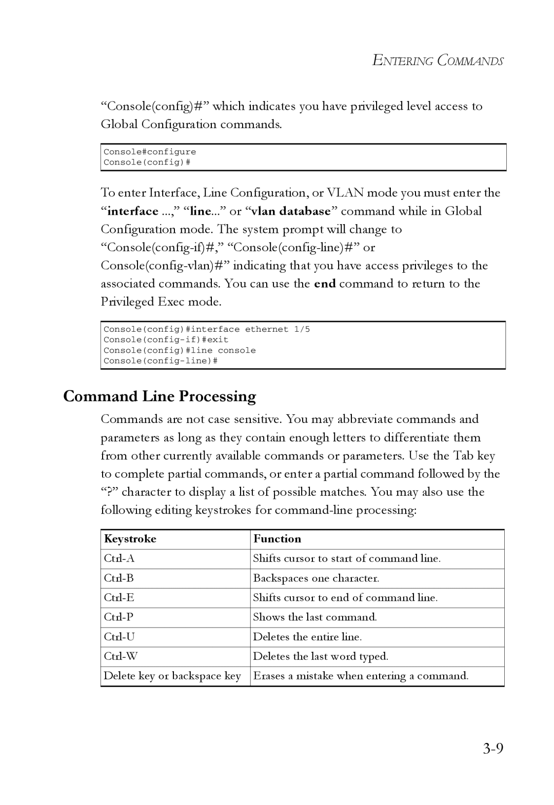 SMC Networks SMC7724M/VSW manual Command Line Processing, Keystroke Function 