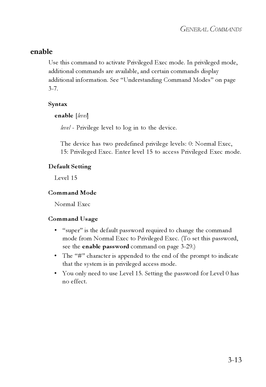 SMC Networks SMC7724M/VSW manual Enable, Syntax enable level, Default Setting, Command Mode 