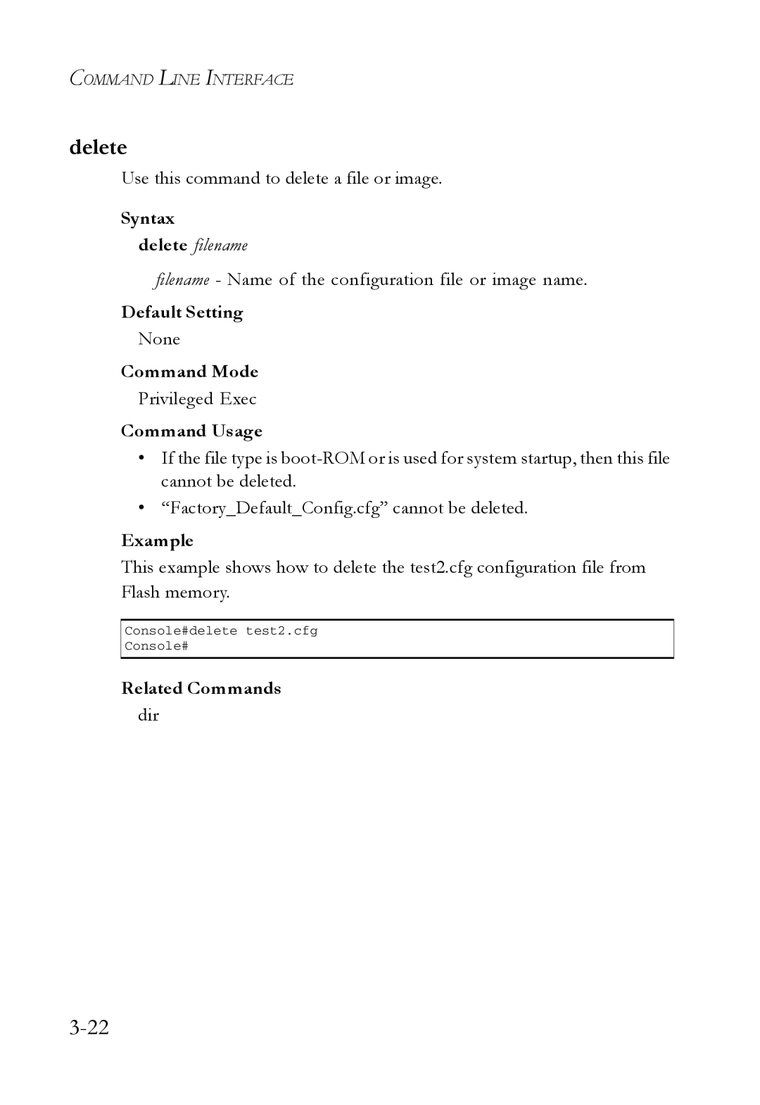 SMC Networks SMC7724M/VSW manual Delete, Use this command to delete a file or image, Syntax, Dir 