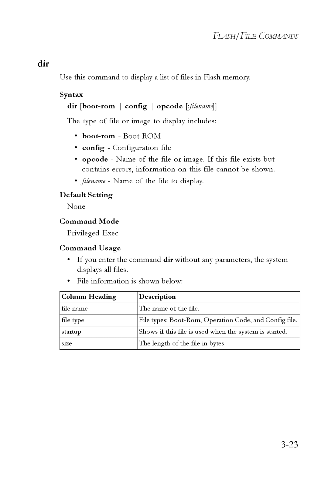 SMC Networks SMC7724M/VSW manual Dir, Use this command to display a list of files in Flash memory 