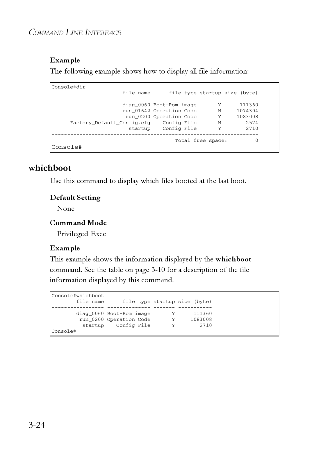 SMC Networks SMC7724M/VSW manual Whichboot, Following example shows how to display all file information 