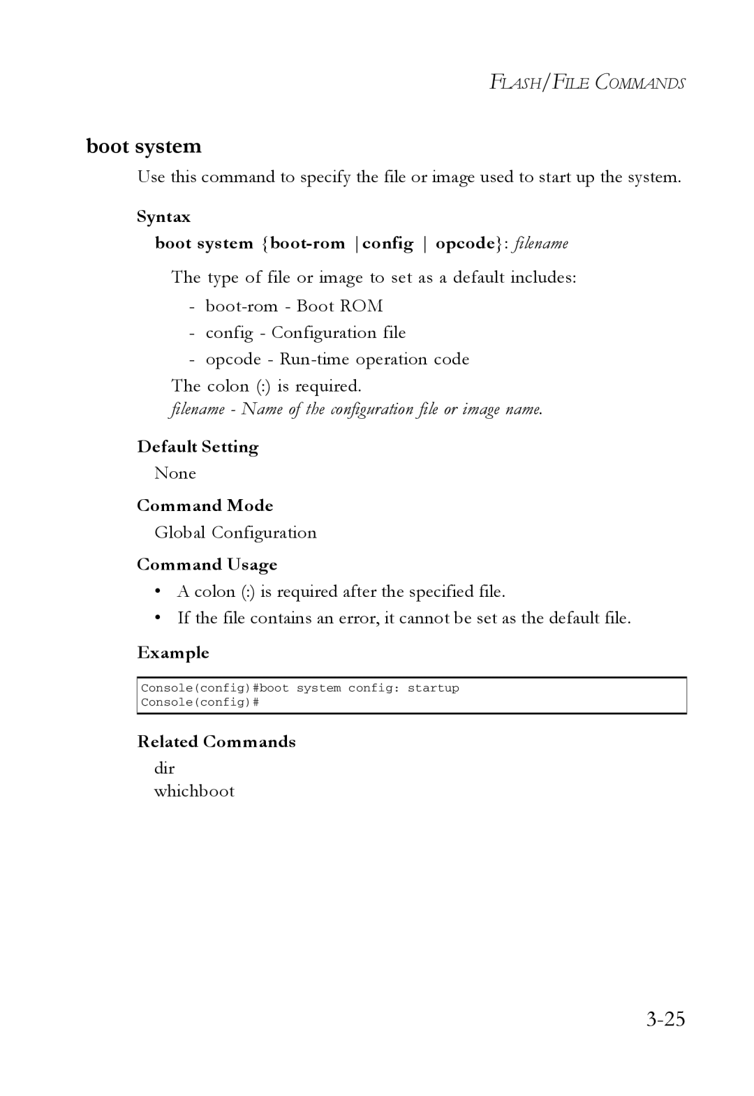 SMC Networks SMC7724M/VSW Syntax Boot system boot-rom config opcode filename, Global Configuration, Dir whichboot 